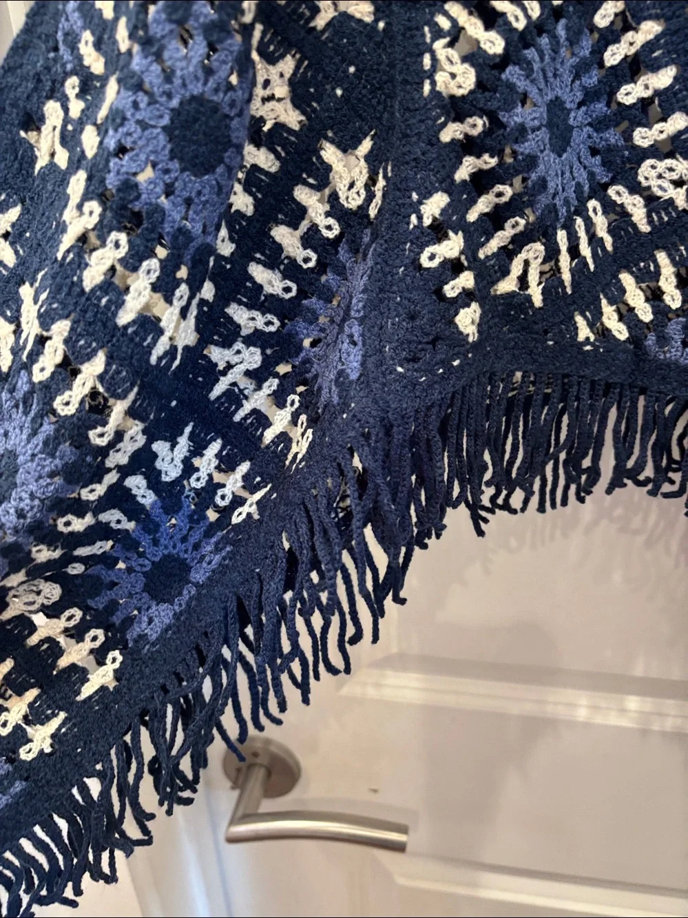 NWT House of Harlow 1960 Blue Geometric design Crochet fringe poncho